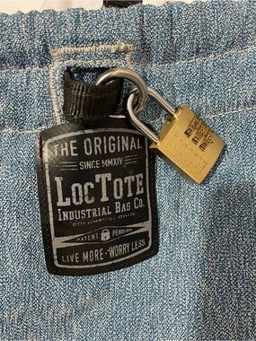 Lesportsac Blue Denim Tote with Black Logo Patch and Gold Lock Accent